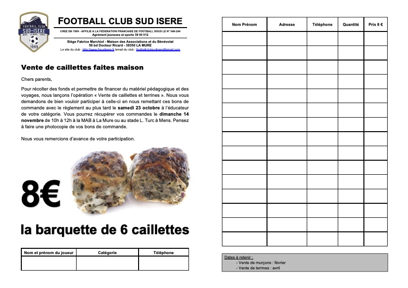 Vente de caillettes et terrines le dimanche 10 novembre 2019